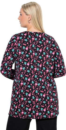 Ulla Popken Peppermint Tree V-Neck Holiday Cotton Long Sleeve Knit Tunic Black - Bedrukte T-shirts voor dames - 