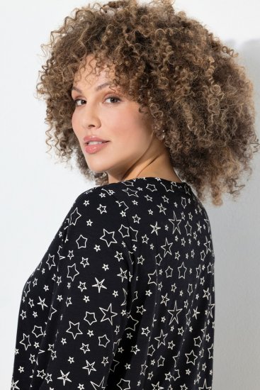 Ulla Popken Allover Printed Long Sleeve Tee Black - Bedrukte T-shirts voor dames - Bedrukte T-shirts voor Dames