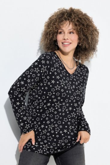 Ulla Popken Allover Printed Long Sleeve Tee Black - Bedrukte T-shirts voor dames - Bedrukte T-shirts voor Dames