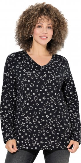 Ulla Popken Allover Printed Long Sleeve Tee Black - Bedrukte T-shirts voor dames - 