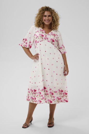 Kaffe Curve Rosa Midi Dress White Rose Border Flower - Kleedjes - 