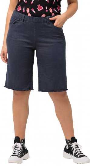 Ulla Popken Frayed Hemline Elastic Waistband Bermuda Shorts Navy - Jeans & Broeken in Grote Maten – Plus Size - 
