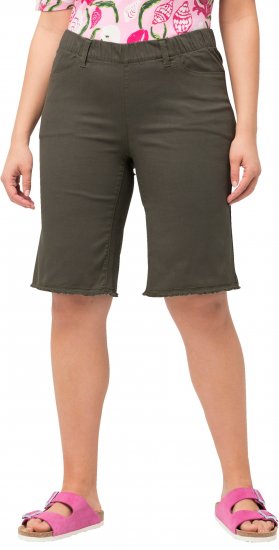 Ulla Popken Frayed Hemline Elastic Waistband Bermuda Shorts Loden Green - Jeans & Broeken in Grote Maten – Plus Size - 