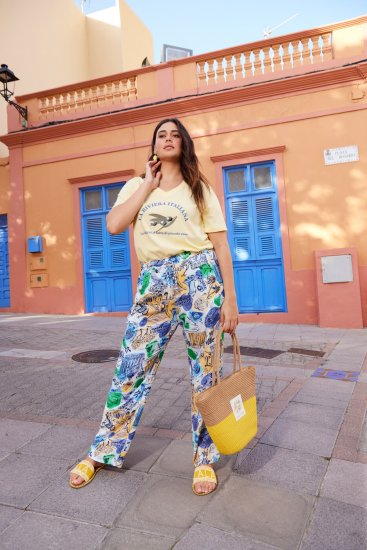 Ulla Popken Italy Print Elastic Waist Pants White - Jeans & Broeken in Grote Maten – Plus Size - 