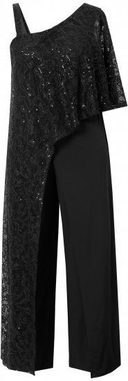 Ulla Popken Asymmetric Lace Panel Jumpsuit Black - Jeans & Broeken in Grote Maten – Plus Size - 