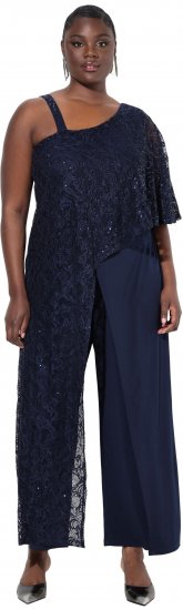 Ulla Popken Asymmetric Lace Panel Jumpsuit Navy - Jeans & Broeken in Grote Maten – Plus Size - 