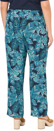 Ulla Popken Tropical Leaf Print Elastic Waist Pants Blue - Jeans & Broeken in Grote Maten – Plus Size - 