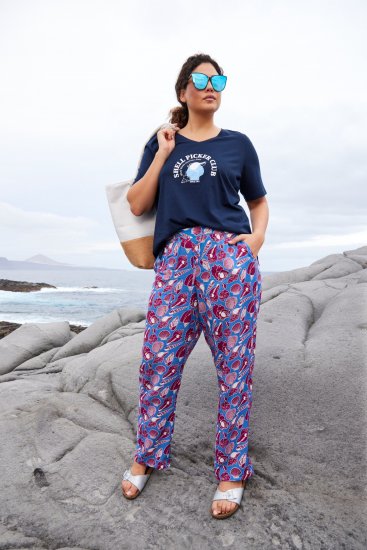 Ulla Popken Seashell Print Elastic Waist Pants Blue - Jeans & Broeken in Grote Maten – Plus Size - 