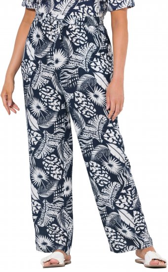 Ulla Popken Feather Print Elastic Waist Pants Blue - Jeans & Broeken in Grote Maten – Plus Size - 