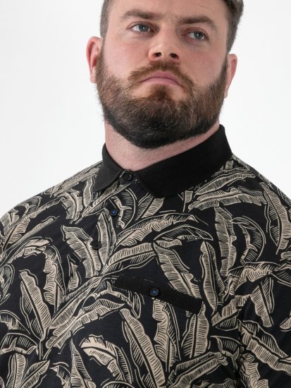 D555 Palmer Leaf Printed Jacquard Collar & Cuff Chest Pocket Polo Black - Polo shirts - Grote Maten Poloshirts Heren