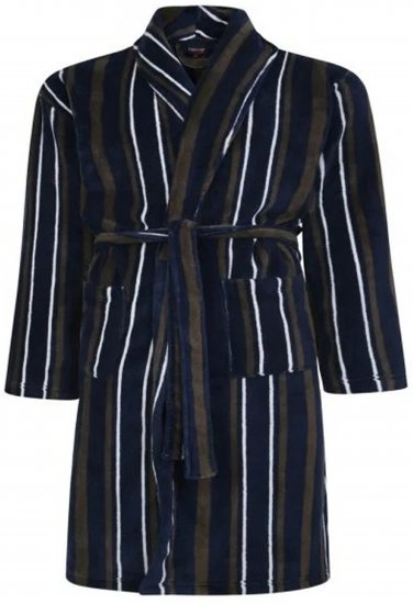 Espionage PJ149 Striped Fleece Gown Navy/Charcoal - Badjassen/handdoeken - Grote Maten Badjassen Heren