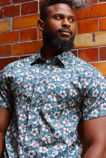 Kam Jeans 6061 Hibiscus Floral Print Short Sleeve Shirt Midnight Blue - Overhemden - Overhemden Grote Maten Heren