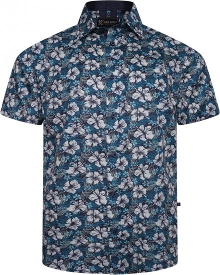 Kam Jeans 6061 Hibiscus Floral Print Short Sleeve Shirt Midnight Blue - Overhemden - Overhemden Grote Maten Heren