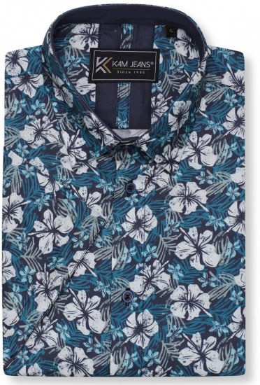 Kam Jeans 6061 Hibiscus Floral Print Short Sleeve Shirt Midnight Blue - Overhemden - Overhemden Grote Maten Heren