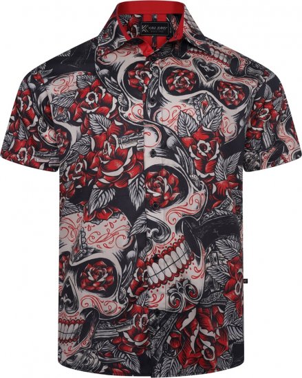 Kam Jeans 6062 Skull And Roses Print Short Sleeve Shirt Black - Overhemden - Overhemden Grote Maten Heren