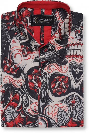 Kam Jeans 6062 Skull And Roses Print Short Sleeve Shirt Black - Overhemden - Overhemden Grote Maten Heren