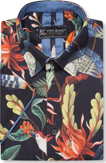 Kam Jeans 6066 Bird Print Short Sleeve Shirt Navy - Overhemden - Overhemden Grote Maten Heren