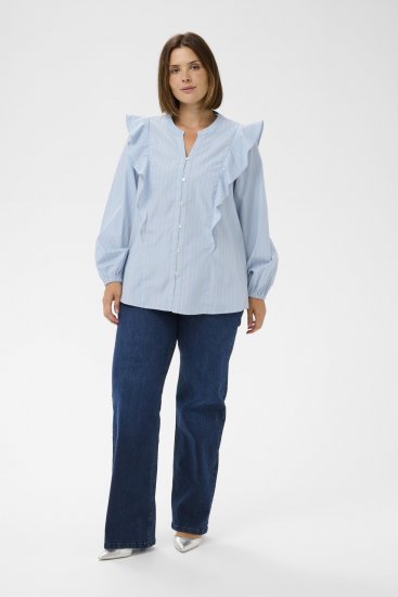 Kaffe Curve Lenia Flounce Shirt Powder Blue Stripe - Blouseshirts - 