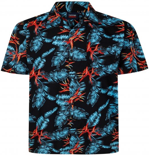 Espionage SH435 All Over Leaf Print Short Sleeve Shirt Black - Shirts met korte mouwen - Grote Maten Overhemden Korte Mouw