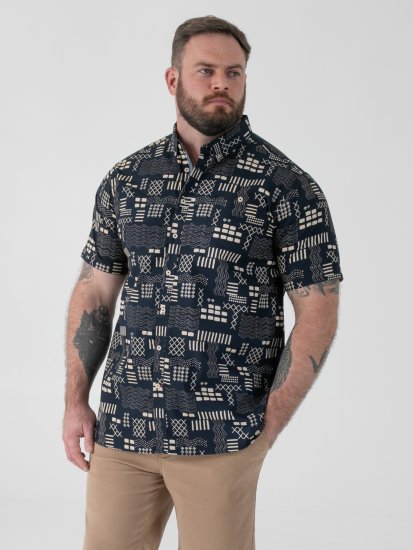 D555 Rick Geometric Print Short Sleeve Shirt Navy - Overhemden - Overhemden Grote Maten Heren