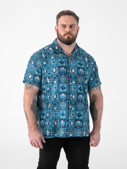 D555 Hawkins Printed Cuban Collar Resort Short Sleeve Shirt Teal - Overhemden - Overhemden Grote Maten Heren