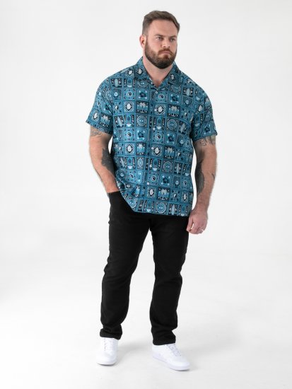 D555 Hawkins Printed Cuban Collar Resort Short Sleeve Shirt Teal - Overhemden - Overhemden Grote Maten Heren