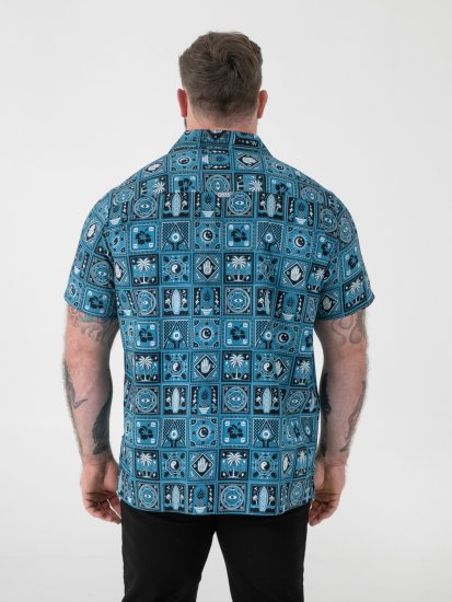 D555 Hawkins Printed Cuban Collar Resort Short Sleeve Shirt Teal - Overhemden - Overhemden Grote Maten Heren