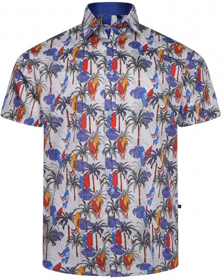 Kam Jeans 6060 Palm Tree and Surf Boards Short Sleeve Shirt White - Overhemden - Overhemden Grote Maten Heren