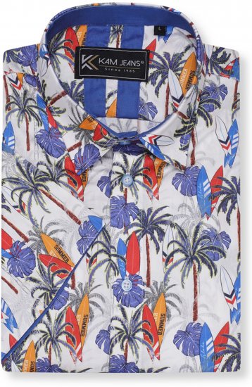 Kam Jeans 6060 Palm Tree and Surf Boards Short Sleeve Shirt White - Overhemden - Overhemden Grote Maten Heren