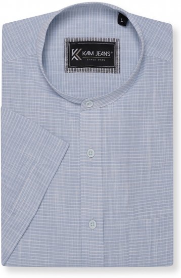 Kam Jeans 6334 Striped Grandad Short Sleeve Shirt Blue - Overhemden - Overhemden Grote Maten Heren