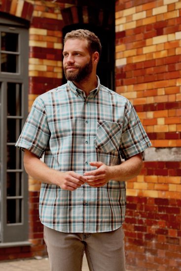 Kam Jeans 6339 Checked Short Sleeve Shirt Mineral Blue - Overhemden - Overhemden Grote Maten Heren