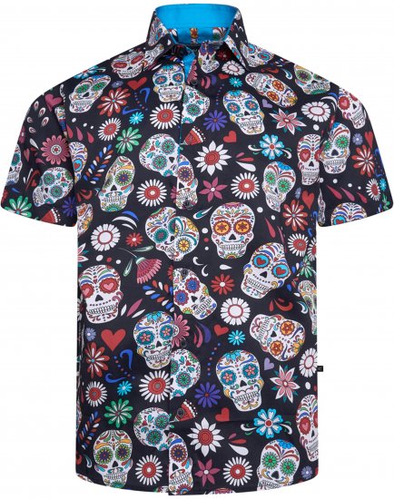 Kam Jeans 6069 Skull Print Short Sleeve Black - Overhemden - Overhemden Grote Maten Heren