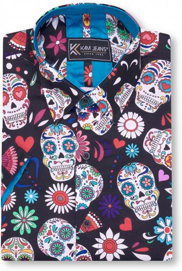 Kam Jeans 6069 Skull Print Short Sleeve Black - Overhemden - Overhemden Grote Maten Heren