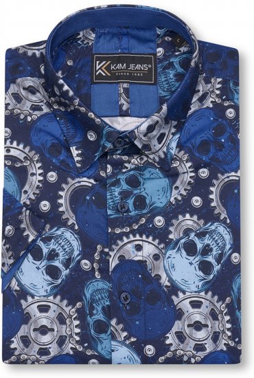 Kam Jeans 6070 Retro Skull Short Sleeve Shirt Navy - Overhemden - Overhemden Grote Maten Heren