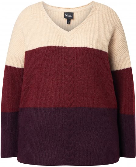 Ulla Popken Cable Knit Block Stripe V-Neck Sweater Dark Ruby - Sweaters & hoodies - 
