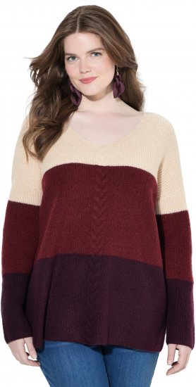 Ulla Popken Cable Knit Block Stripe V-Neck Sweater Dark Ruby - Sweaters & hoodies - 