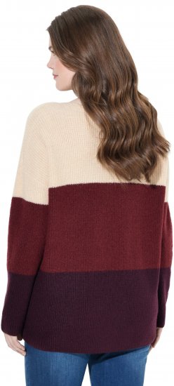 Ulla Popken Cable Knit Block Stripe V-Neck Sweater Dark Ruby - Sweaters & hoodies - 
