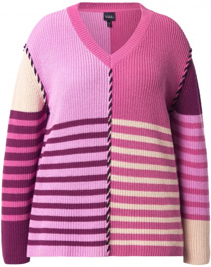 Ulla Popken Patchwork Striped Long Sleeve V-Neck Sweater Raspberry - Sweaters & hoodies - 