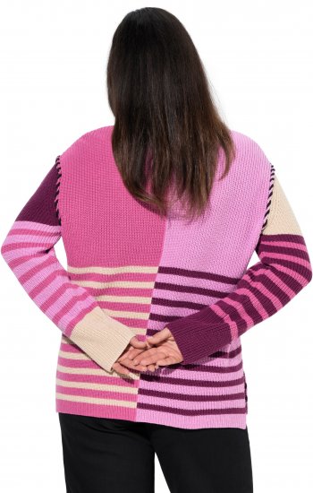 Ulla Popken Patchwork Striped Long Sleeve V-Neck Sweater Raspberry - Sweaters & hoodies - 