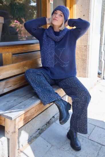 Ulla Popken Textured Glitter Embroidery Oversized Sweater Ink Blue - Sweaters & hoodies - 