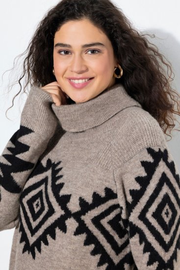 Ulla Popken Aztec Pattern Turtleneck Sweater Pebble Grey - Sweaters & hoodies - Warme Sweatshirts, Hoodies & Truien