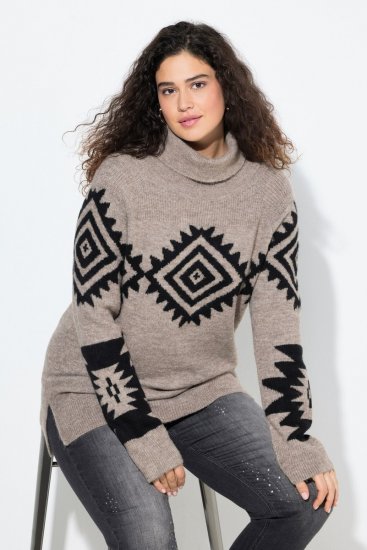 Ulla Popken Aztec Pattern Turtleneck Sweater Pebble Grey - Sweaters & hoodies - Warme Sweatshirts, Hoodies & Truien