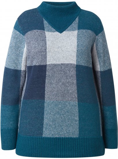 Ulla Popken Grand Check Long Sleeve Sweater Teal - Sweaters & hoodies - 