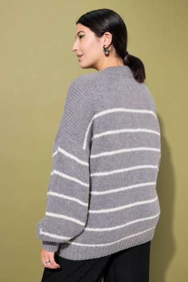 Ulla Popken Oversized Striped Balloon Sleeve Sweater Grey Melange - Sweaters & hoodies - 