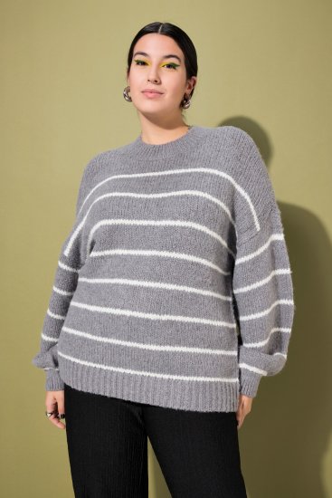 Ulla Popken Oversized Striped Balloon Sleeve Sweater Grey Melange - Sweaters & hoodies - 