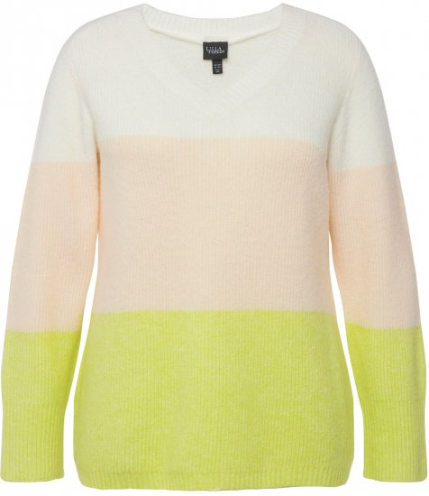 Ulla Popken Block Stripe Long Sleeve V-Neck Sweater Lime Green - Sweaters & hoodies - 