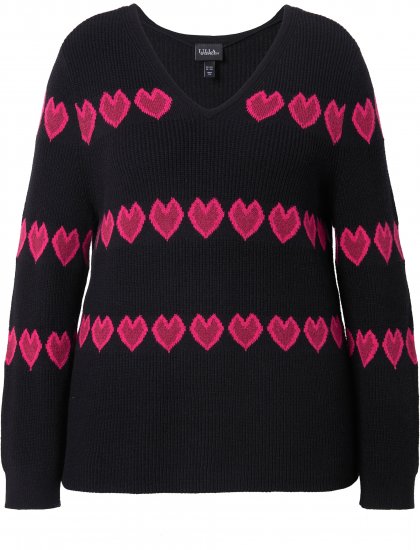 Ulla Popken Heart Print Long Sleeve V-Neck Sweater Black - Sweaters & hoodies - 