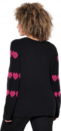 Ulla Popken Heart Print Long Sleeve V-Neck Sweater Black - Sweaters & hoodies - 