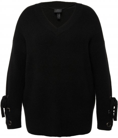 Ulla Popken Lace-Up Cuff Long Sleeve V-Neck Sweater Black - Sweaters & hoodies - 