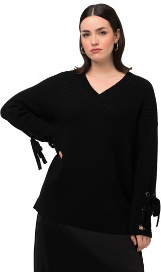 Ulla Popken Lace-Up Cuff Long Sleeve V-Neck Sweater Black - Sweaters & hoodies - 
